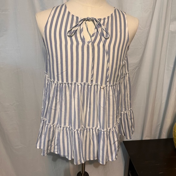 Hem And Thread SZ Small Blue And White Flowy Striped Top. Tie Front Accent. - Picture 1 of 7